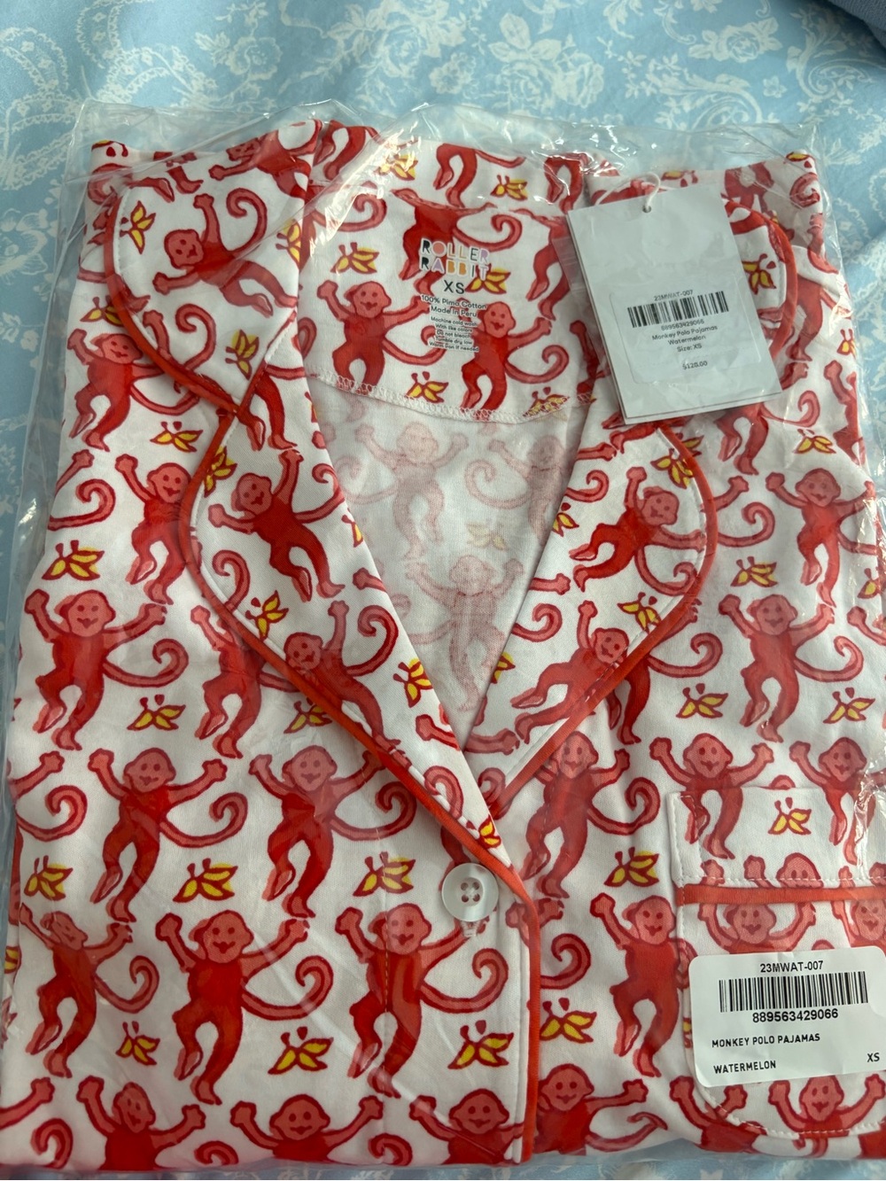 Roller Rabbit size XS Watermelon Red Monkey Pajama Set, shorts and short sleeve.